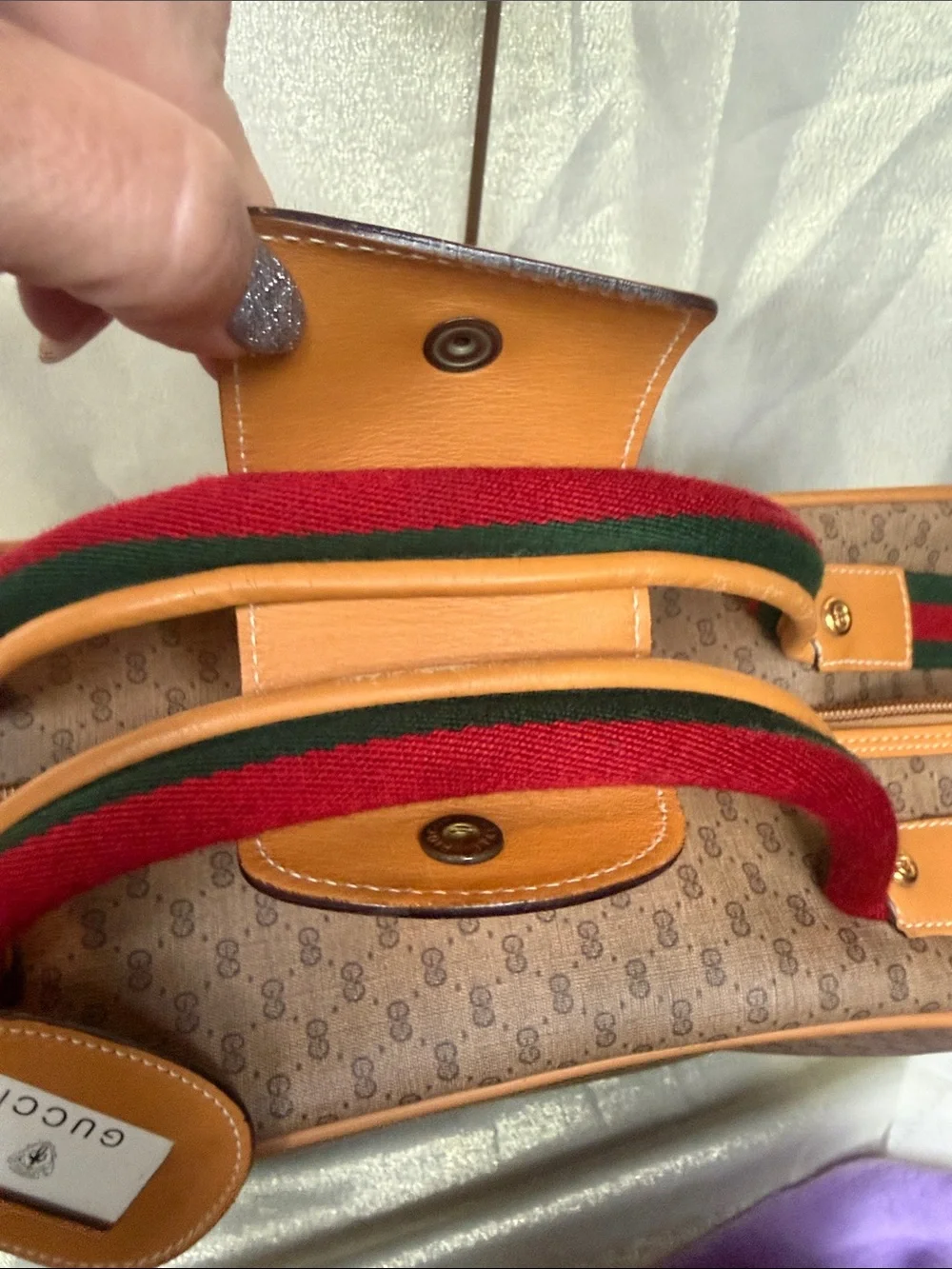 Gucci Monogram Travel Bag with Sherry Line and Tan Leather